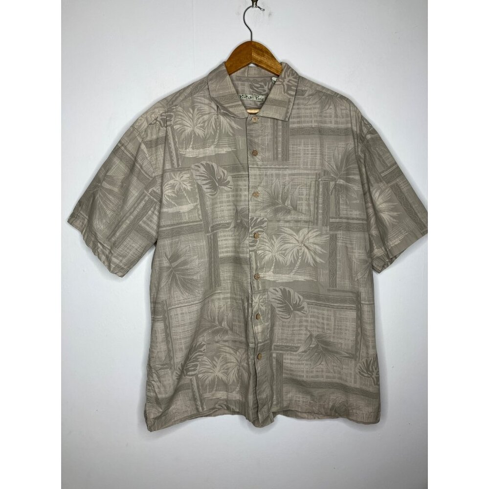 Batak Bay Mens XL Short Sleeve Hawaiian Button-Up Shirt Tropical Palm Print Gray